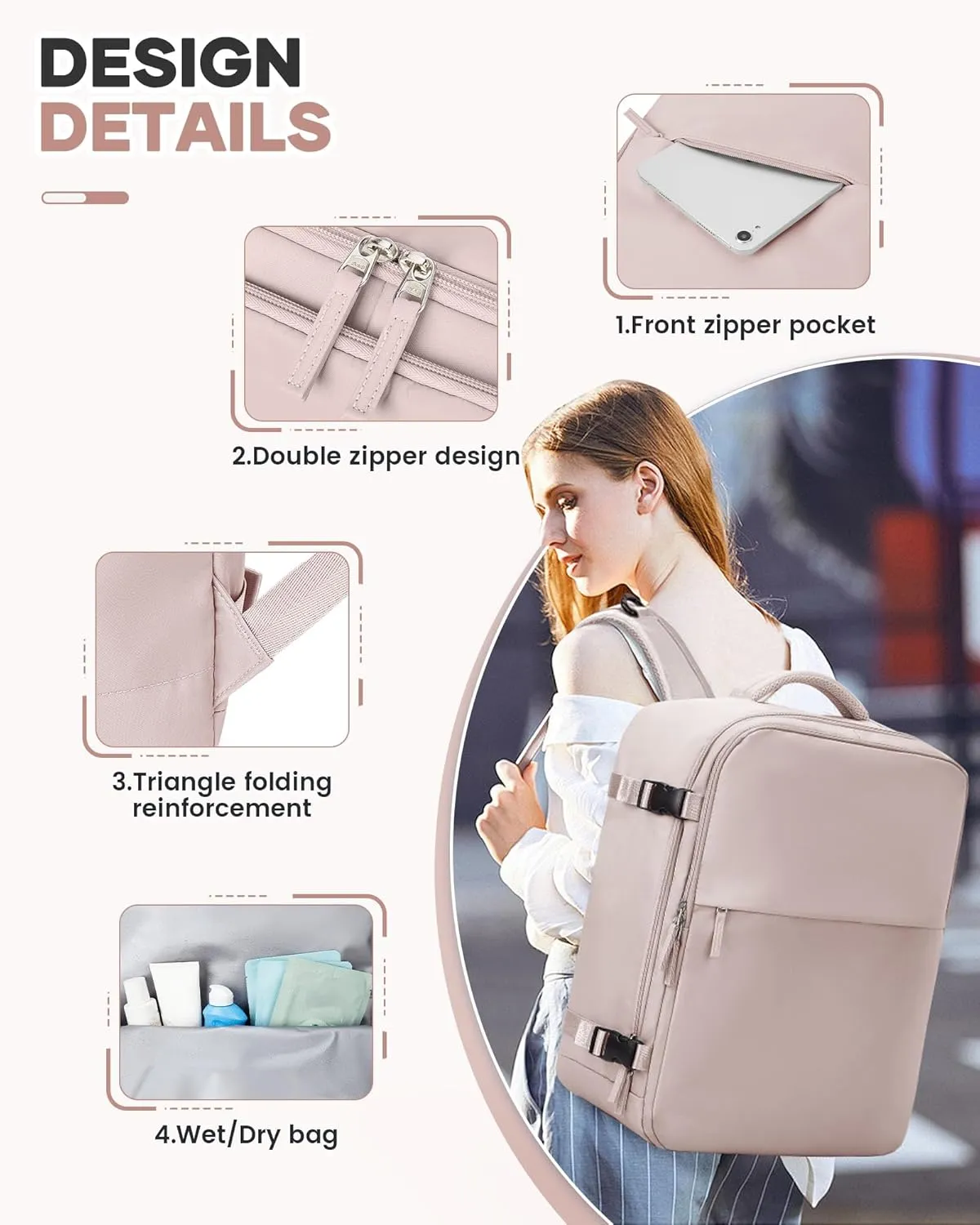 Travel Airback Backpack with Vacuum Compression, Waterproof Travel Backpacks with Air Pump, Large 18×14×8 inch Personal Item Bag United Airlines Approved, Vacuum Seal Backpack, Lotus Pink