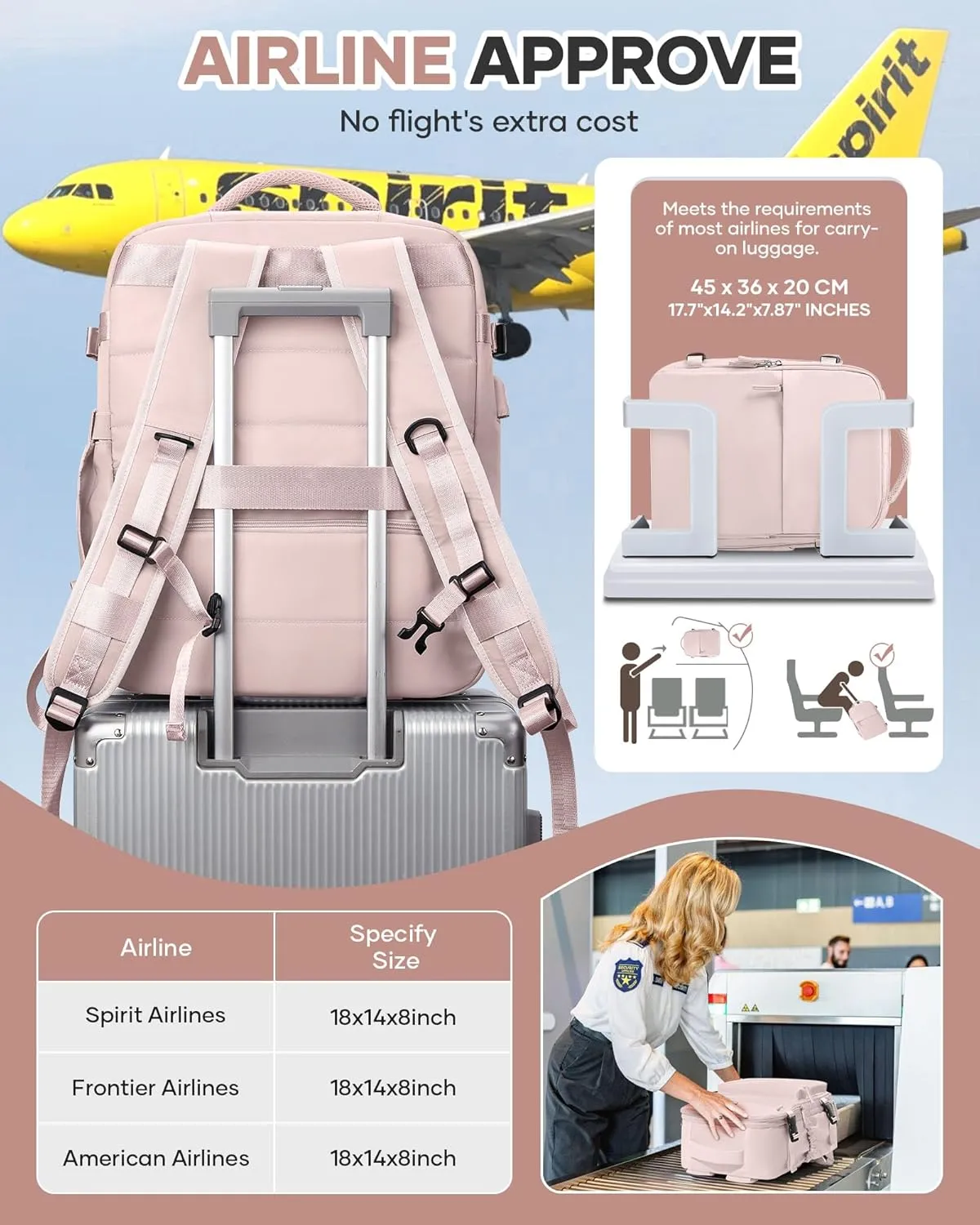 Travel Airback Backpack with Vacuum Compression, Waterproof Travel Backpacks with Air Pump, Large 18×14×8 inch Personal Item Bag United Airlines Approved, Vacuum Seal Backpack, Lotus Pink