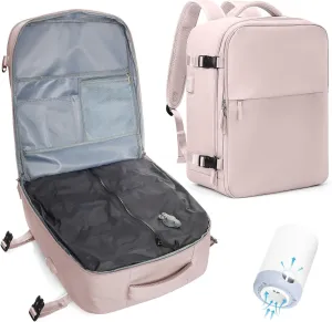 Travel Airback Backpack with Vacuum Compression, Waterproof Travel Backpacks with Air Pump, Large 18×14×8 inch Personal Item Bag United Airlines Approved, Vacuum Seal Backpack, Lotus Pink