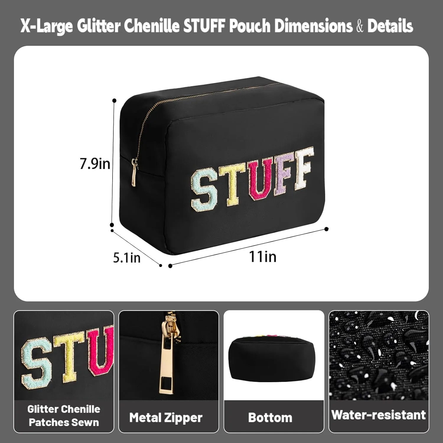 Travel Essentials Extra Large Glitter Chenille Makeup Bag Toiletry Bag for Women Men Make up Bag for Traveling Nylon Cosmetic Pouch with Zipper Pocket (XL, Black-Stuff)