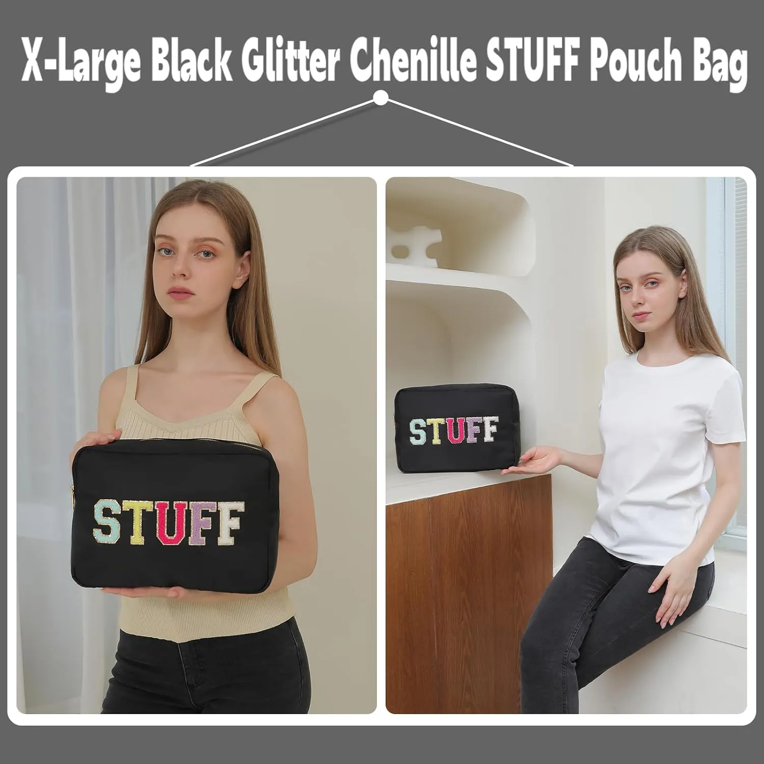 Travel Essentials Extra Large Glitter Chenille Makeup Bag Toiletry Bag for Women Men Make up Bag for Traveling Nylon Cosmetic Pouch with Zipper Pocket (XL, Black-Stuff)