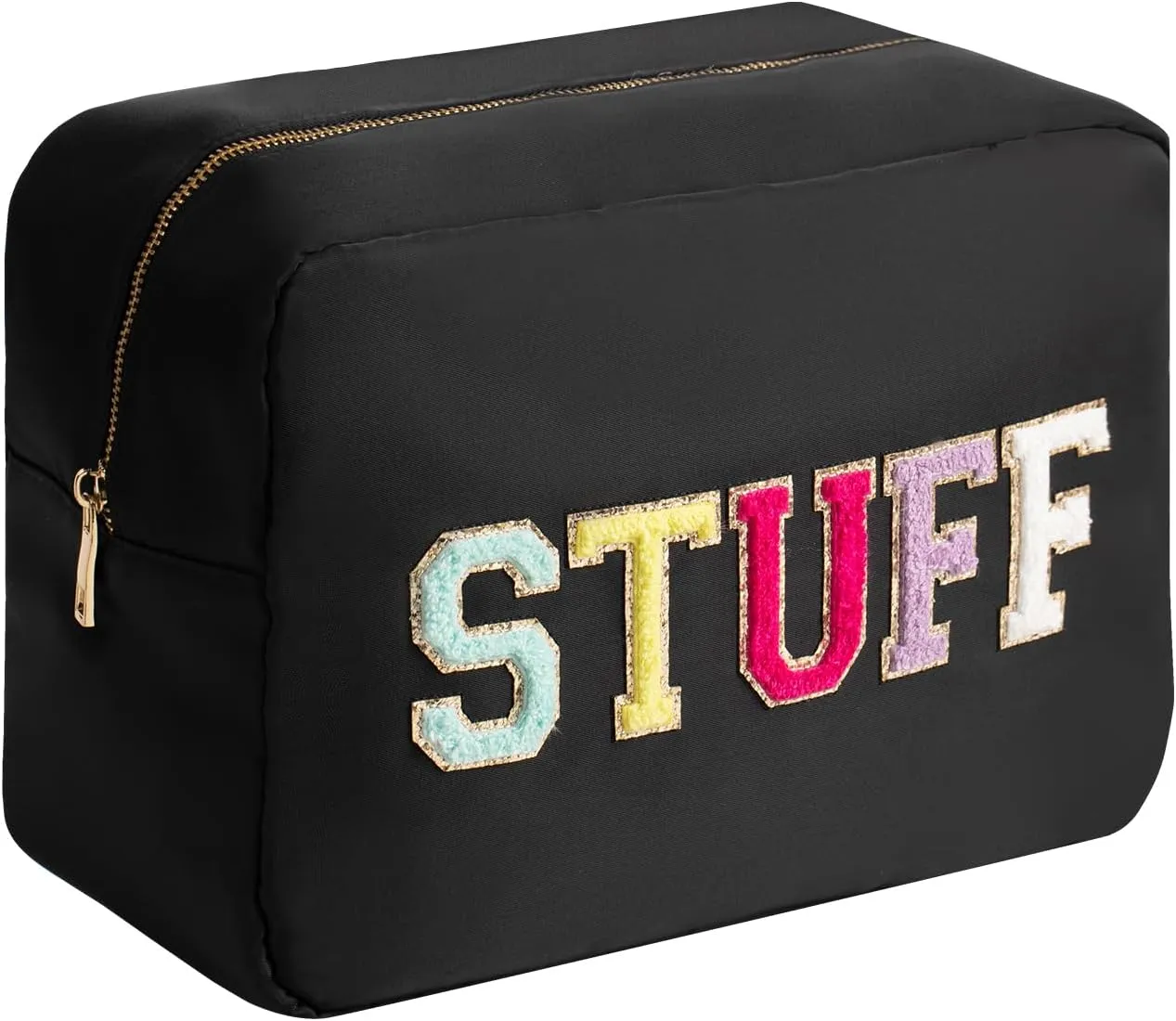 Travel Essentials Extra Large Glitter Chenille Makeup Bag Toiletry Bag for Women Men Make up Bag for Traveling Nylon Cosmetic Pouch with Zipper Pocket (XL, Black-Stuff)