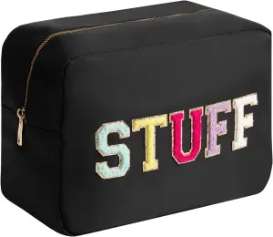 Travel Essentials Extra Large Glitter Chenille Makeup Bag Toiletry Bag for Women Men Make up Bag for Traveling Nylon Cosmetic Pouch with Zipper Pocket (XL, Black-Stuff)