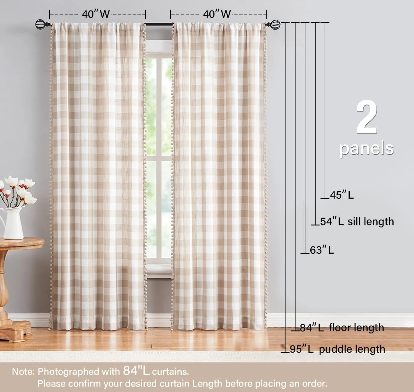 Treatmentex Buffalo Check Curtains 84inch Farmhouse Pom Pom Drapes for Living Room Vintage Gingham Plaid Semi Sheer Tan Window Curtains for Bedroom Kitchen 2 Panels Rod Pocket Taupe and White