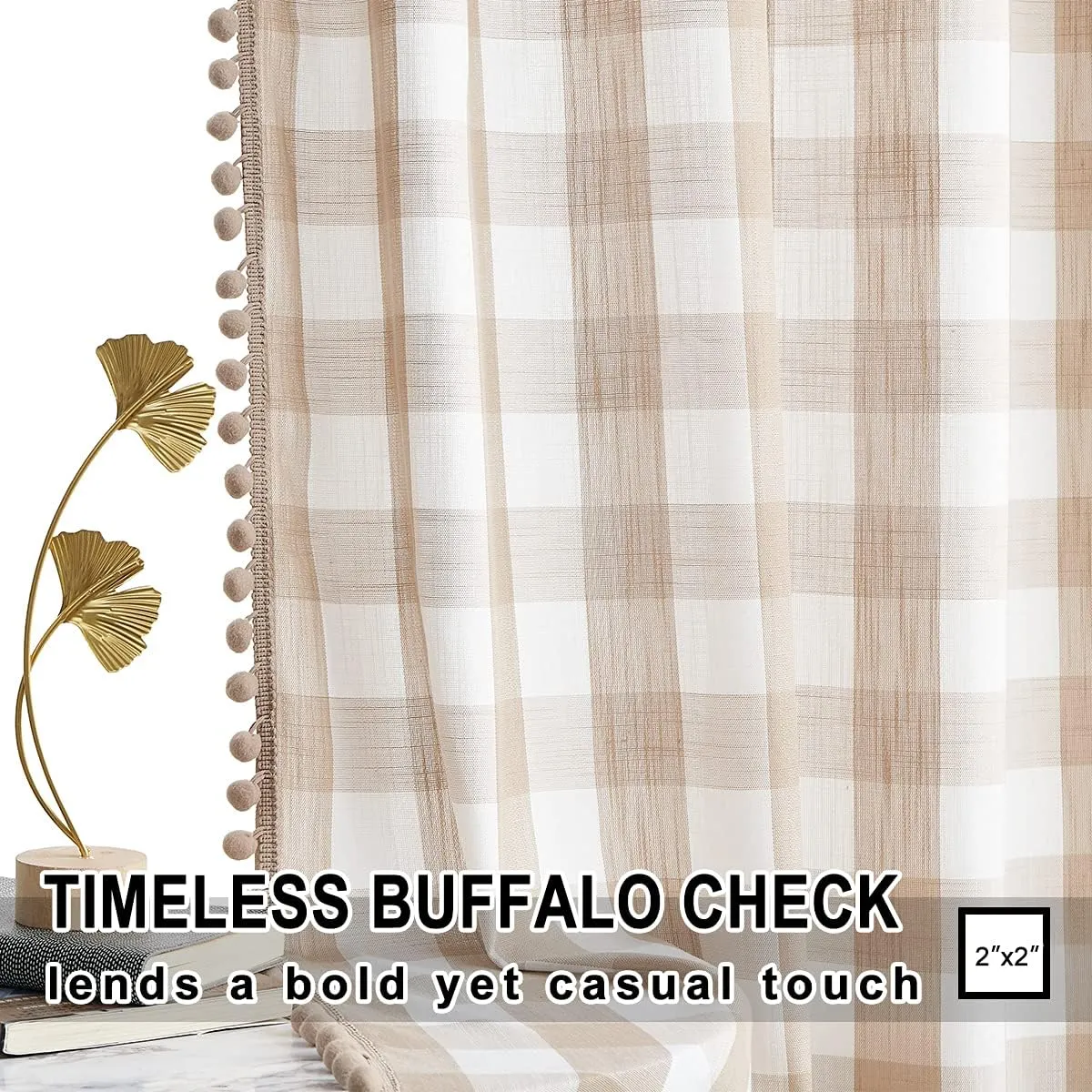Treatmentex Buffalo Check Curtains 84inch Farmhouse Pom Pom Drapes for Living Room Vintage Gingham Plaid Semi Sheer Tan Window Curtains for Bedroom Kitchen 2 Panels Rod Pocket Taupe and White