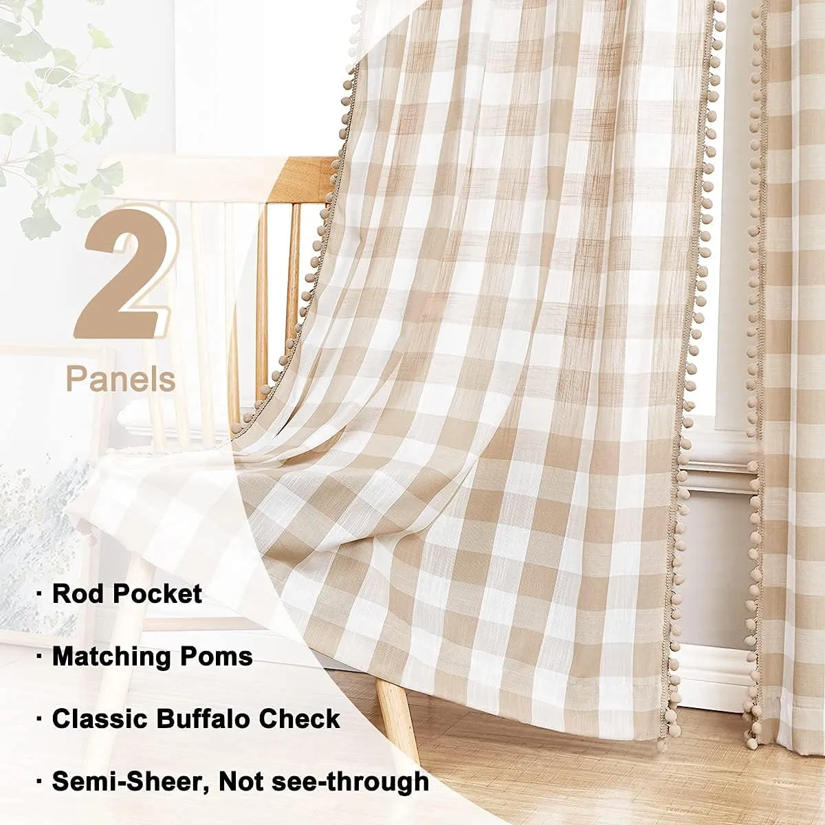 Treatmentex Buffalo Check Curtains 84inch Farmhouse Pom Pom Drapes for Living Room Vintage Gingham Plaid Semi Sheer Tan Window Curtains for Bedroom Kitchen 2 Panels Rod Pocket Taupe and White