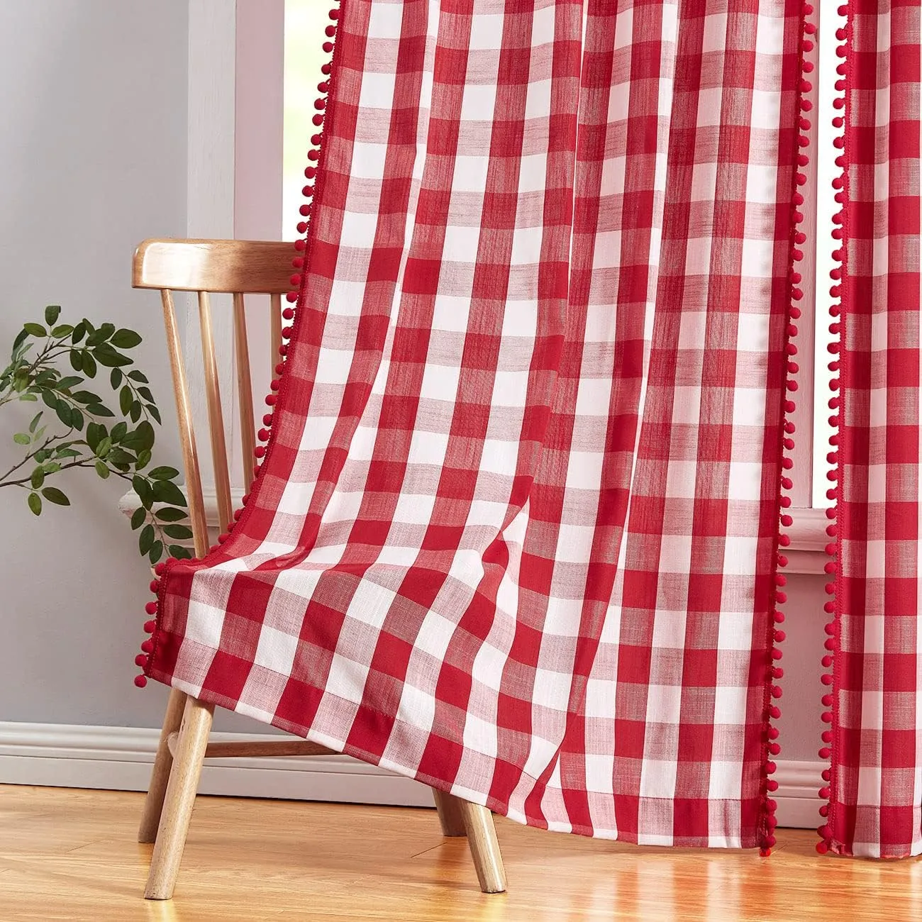 Treatmentex White Red Buffalo Check Pom-Pom Curtains for Living Room Bedroom 84 inch Long Semi Sheer Curtains Vintage Plaid Pattern Window Panels 2pcs