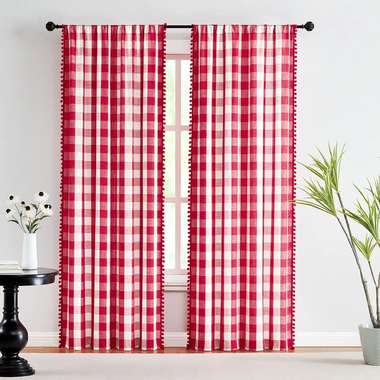 Treatmentex White Red Buffalo Check Pom-Pom Curtains for Living Room Bedroom 84 inch Long Semi Sheer Curtains Vintage Plaid Pattern Window Panels 2pcs