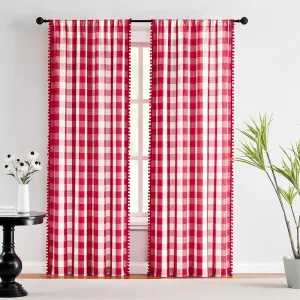 Treatmentex White Red Buffalo Check Pom-Pom Curtains for Living Room Bedroom 84 inch Long Semi Sheer Curtains Vintage Plaid Pattern Window Panels 2pcs