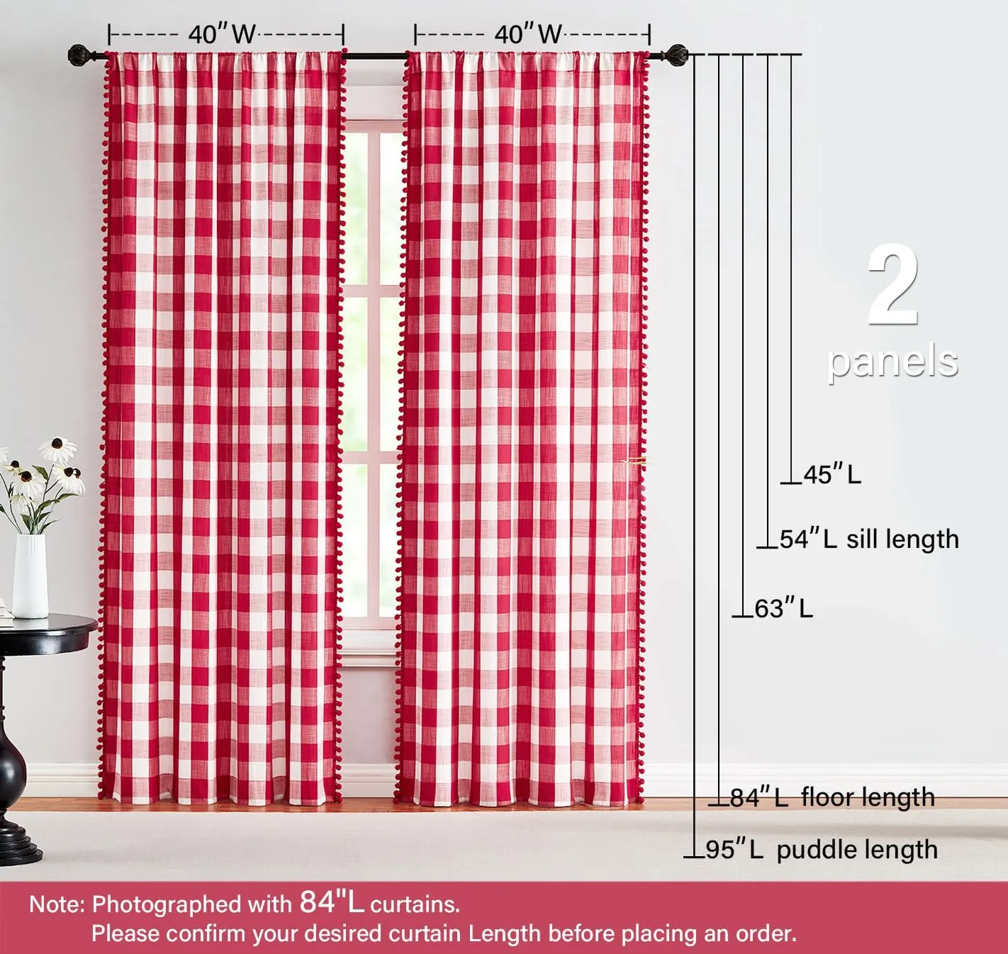 Treatmentex White Red Buffalo Check Pom-Pom Curtains for Living Room Bedroom 84 inch Long Semi Sheer Curtains Vintage Plaid Pattern Window Panels 2pcs