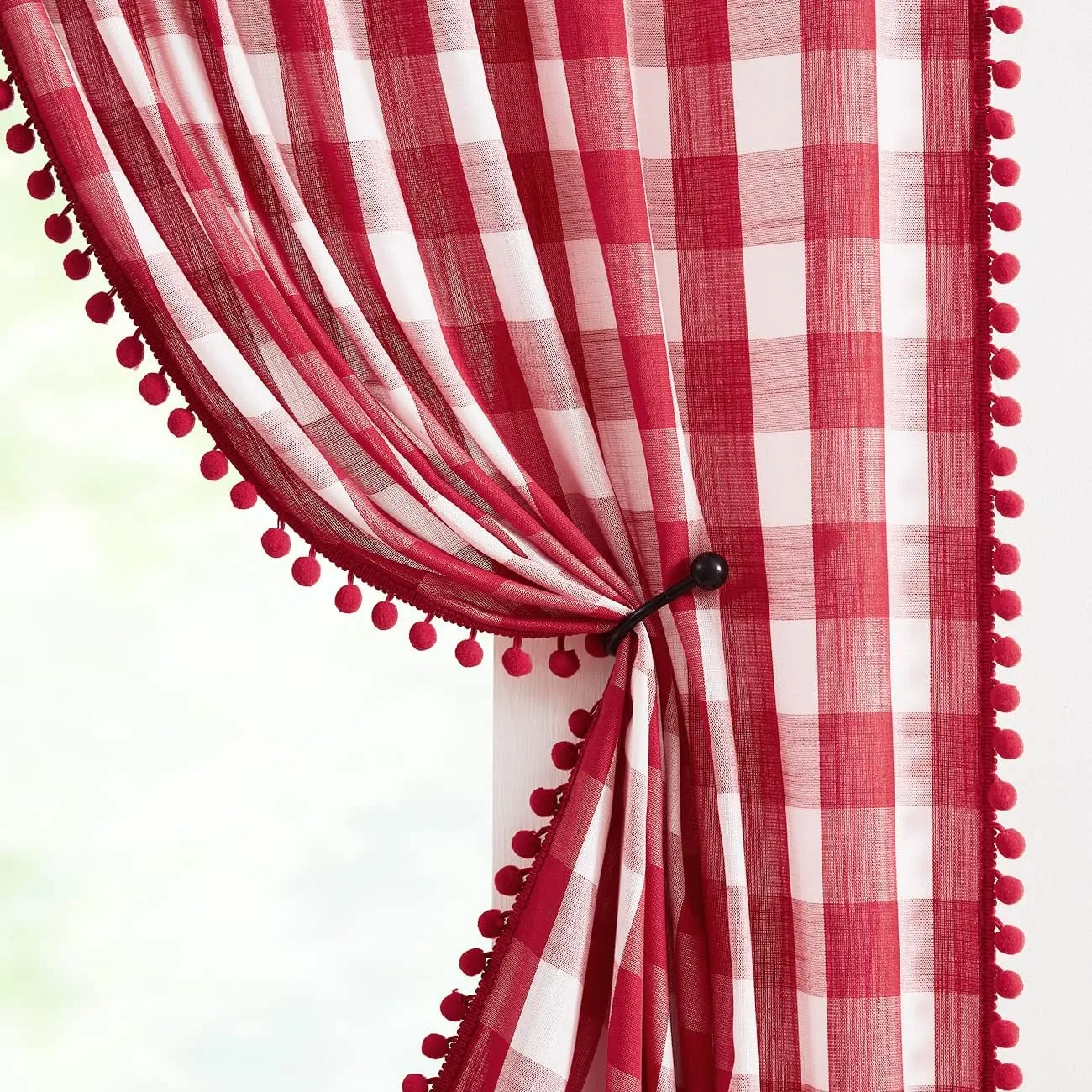 Treatmentex White Red Buffalo Check Pom-Pom Curtains for Living Room Bedroom 84 inch Long Semi Sheer Curtains Vintage Plaid Pattern Window Panels 2pcs