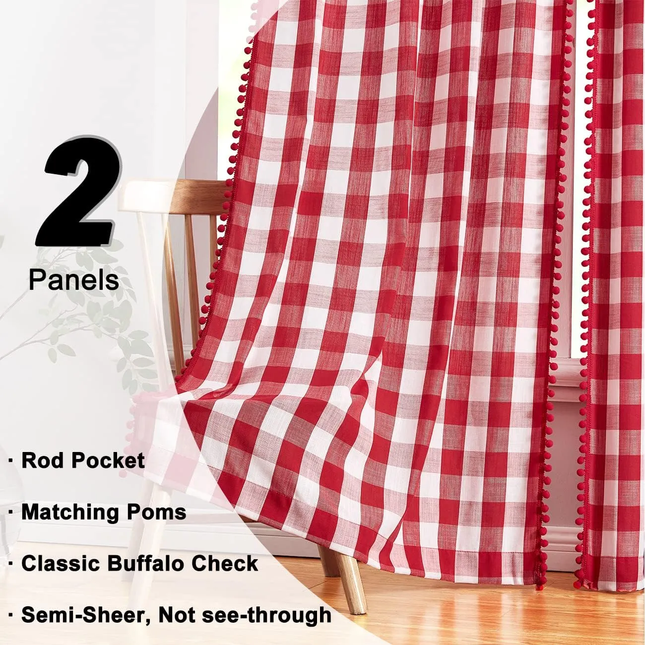 Treatmentex White Red Buffalo Check Pom-Pom Curtains for Living Room Bedroom 84 inch Long Semi Sheer Curtains Vintage Plaid Pattern Window Panels 2pcs