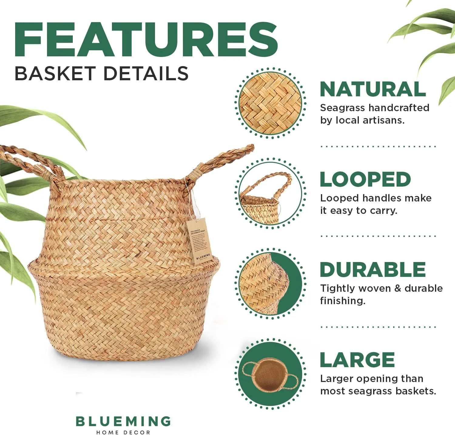 Tree Basket – Wicker Seagrass Planter for Tall Indoor Fake Olive House Plants, Decorative Rattan Baskets for 7-8 Inch Small Plant Pots (Original, Medium)