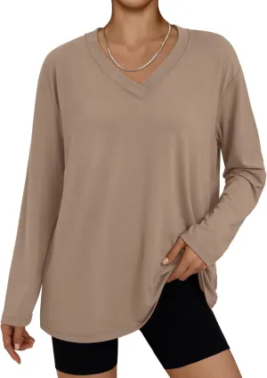 Trendy Queen Oversized Tshirts for Women Workout Plus Size Gym Tops V Neck Long Sleeve T Shirts Spring Casual Basic Tees