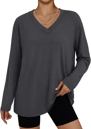 Trendy Queen Oversized Tshirts for Women Workout Plus Size Gym Tops V Neck Long Sleeve T Shirts Spring Casual Basic Tees