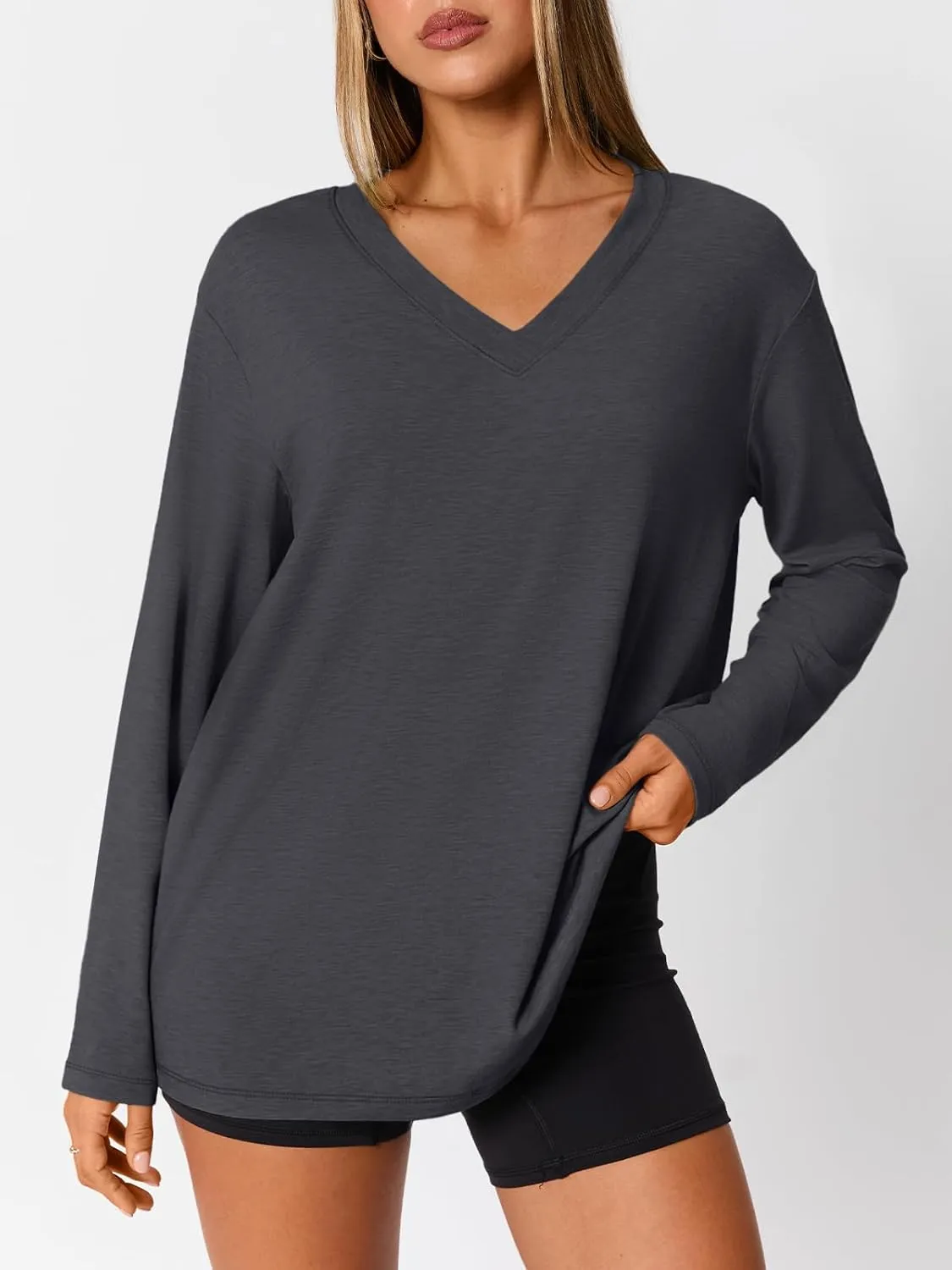 Trendy Queen Oversized Tshirts for Women Workout Plus Size Gym Tops V Neck Long Sleeve T Shirts Spring Casual Basic Tees