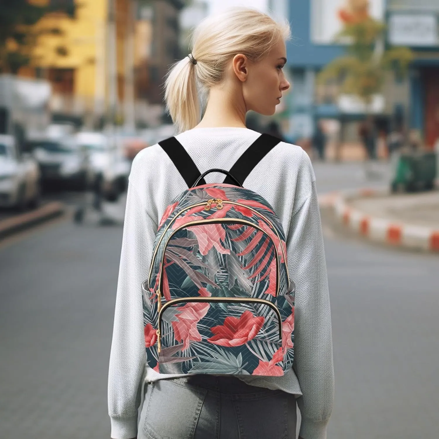 Tropical Flower Stylish Flowers Print Mini Backpack for Women, Travel Backpack Purse Daypack Shoulder Bag for Ladies