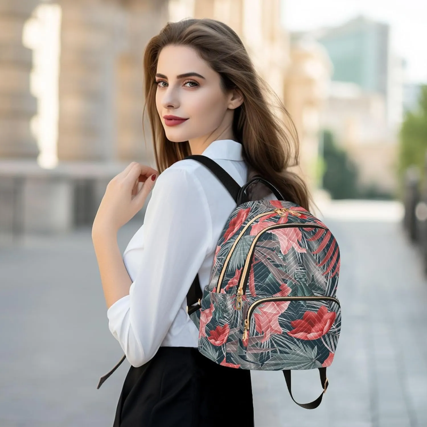 Tropical Flower Stylish Flowers Print Mini Backpack for Women, Travel Backpack Purse Daypack Shoulder Bag for Ladies