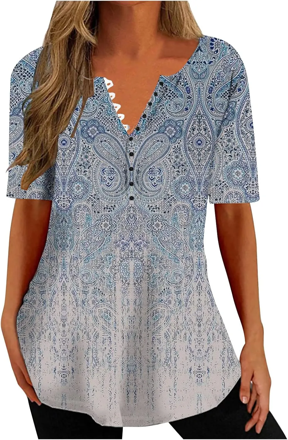 Tunic Tops for Women Trendy Summer Casual Short Sleeve Half Button Floral Blouses Hide Belly Loose Fitting Shirts