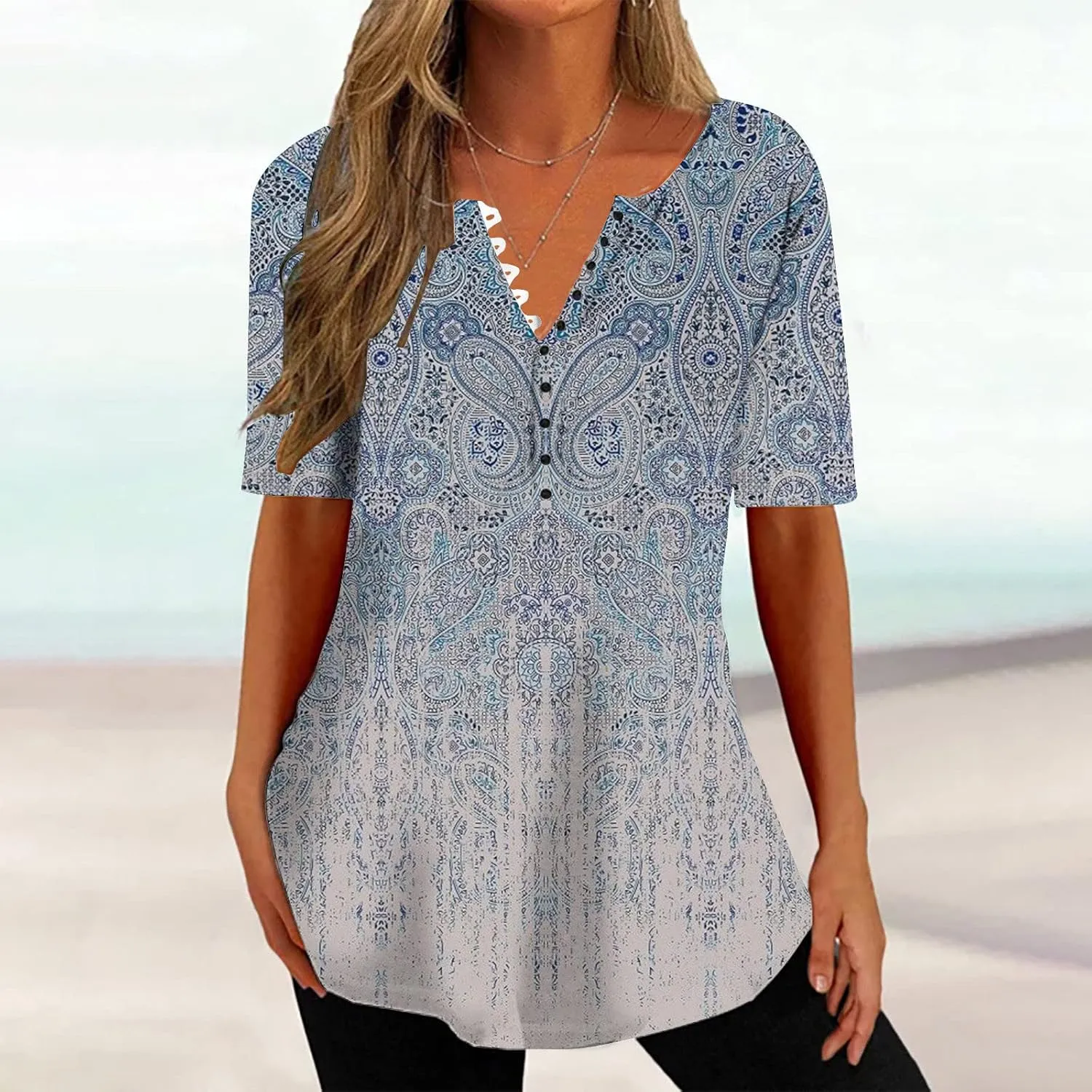 Tunic Tops for Women Trendy Summer Casual Short Sleeve Half Button Floral Blouses Hide Belly Loose Fitting Shirts