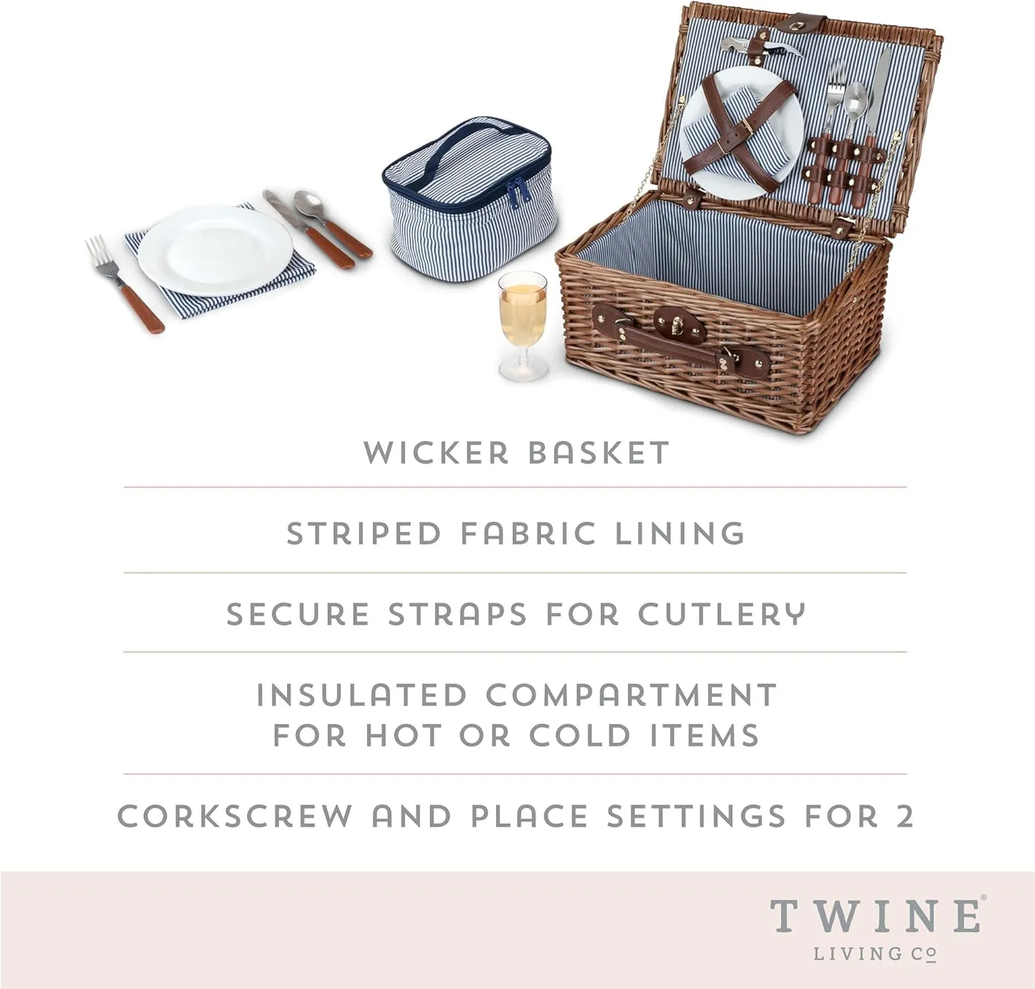 Twine Newport Picnic Basket, Wicker Basket with Place Settings, Wine Glasses, Corkscrew, Insulated Compartments, Set of 1 Basket,Brown