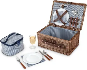 Twine Newport Picnic Basket, Wicker Basket with Place Settings, Wine Glasses, Corkscrew, Insulated Compartments, Set of 1 Basket,Brown
