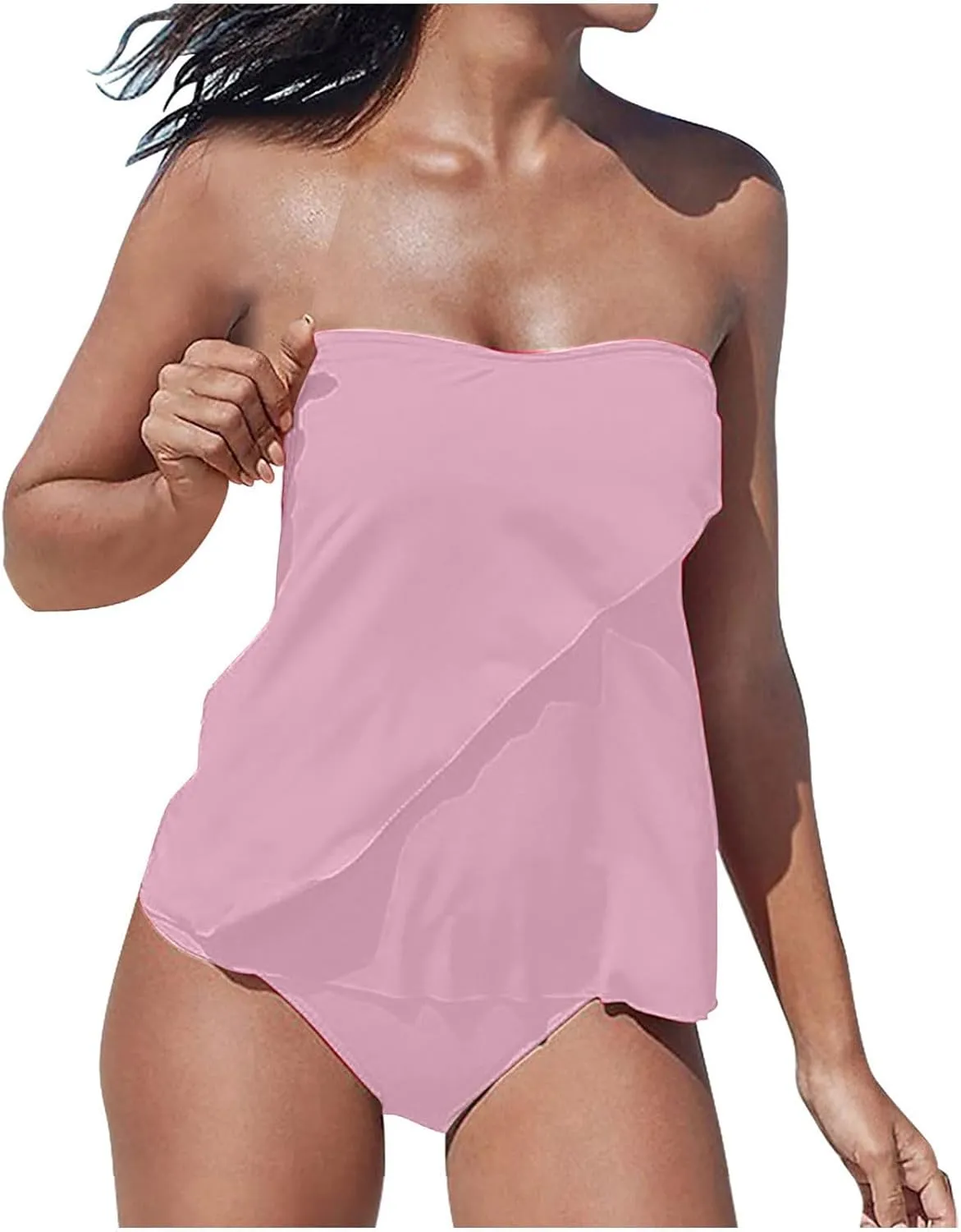 Two Piece Tankini Bathing Suits for Women Tummy Control Swimsuit Bandeau Top Swimwear with Bikini Bottom