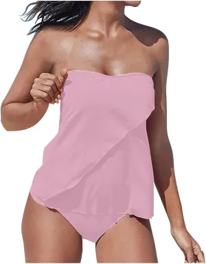 Two Piece Tankini Bathing Suits for Women Tummy Control Swimsuit Bandeau Top Swimwear with Bikini Bottom