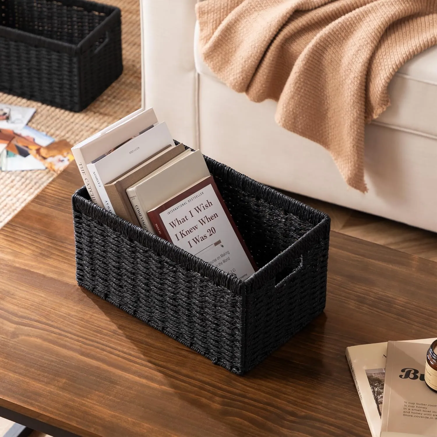 UBBCARE 3 Pack Wicker Basket,13.4L×8.3W×7.1H inch Woven Paper Rope Storage Baskets for shelves, Foldable Rectangular Storage Baskets with Handle, Storage Basket for Organizing, Black