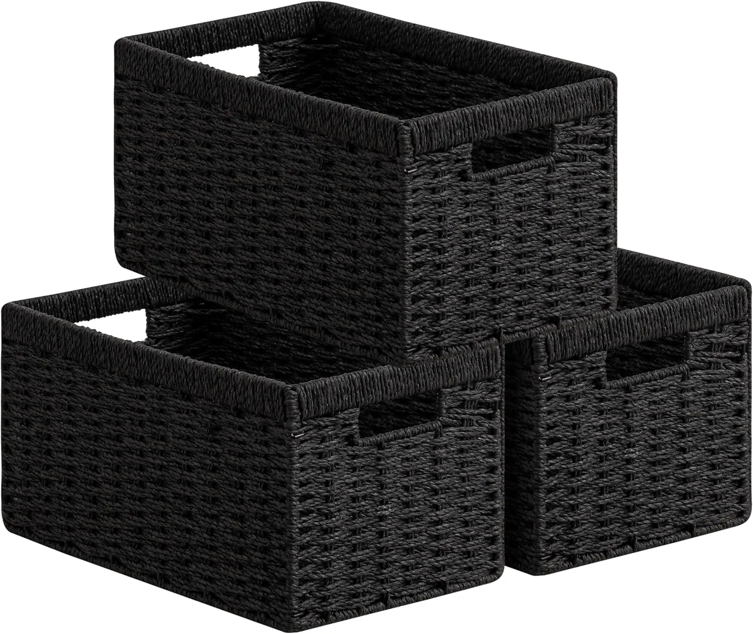 UBBCARE 3 Pack Wicker Basket,13.4L×8.3W×7.1H inch Woven Paper Rope Storage Baskets for shelves, Foldable Rectangular Storage Baskets with Handle, Storage Basket for Organizing, Black