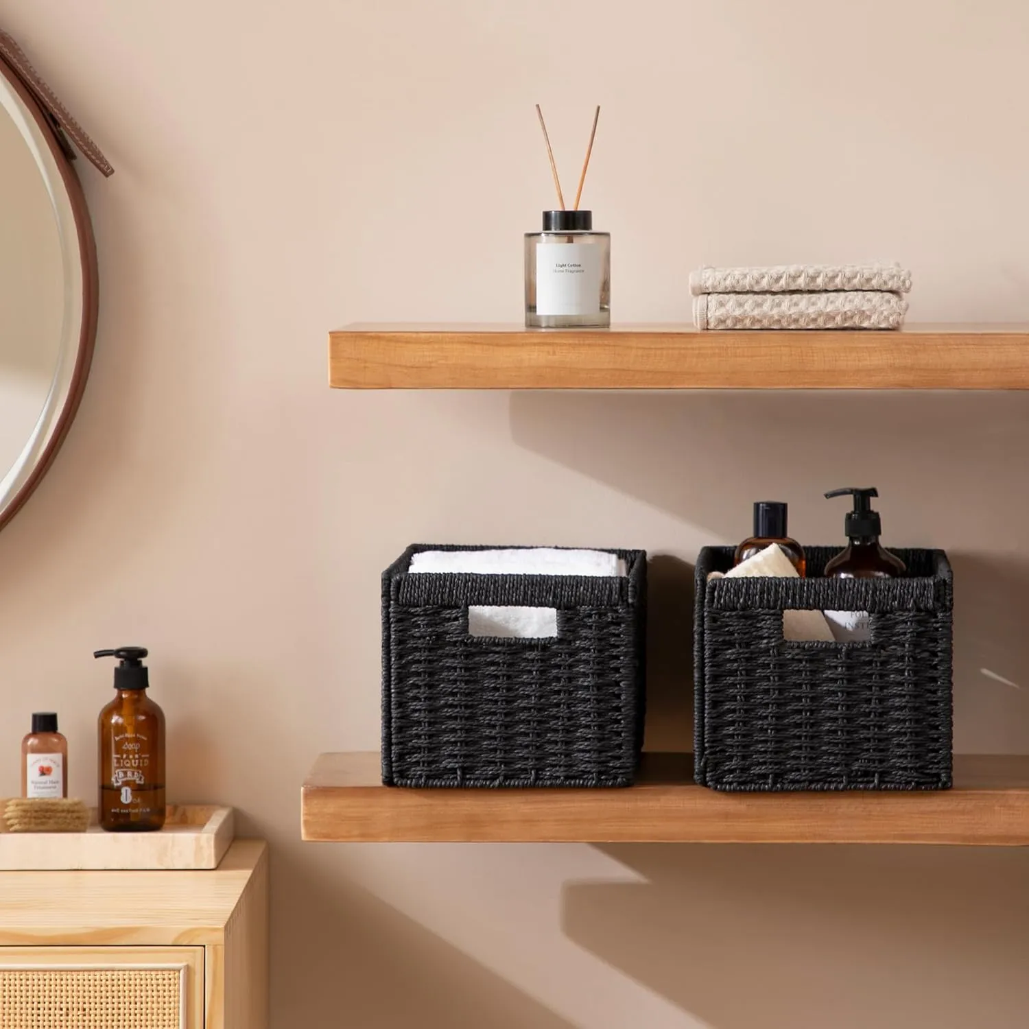 UBBCARE 3 Pack Wicker Basket,13.4L×8.3W×7.1H inch Woven Paper Rope Storage Baskets for shelves, Foldable Rectangular Storage Baskets with Handle, Storage Basket for Organizing, Black