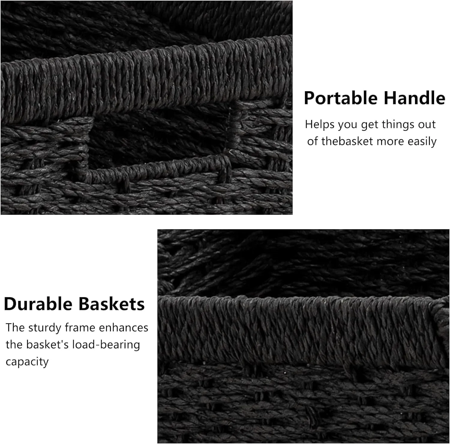 UBBCARE 3 Pack Wicker Basket,13.4L×8.3W×7.1H inch Woven Paper Rope Storage Baskets for shelves, Foldable Rectangular Storage Baskets with Handle, Storage Basket for Organizing, Black
