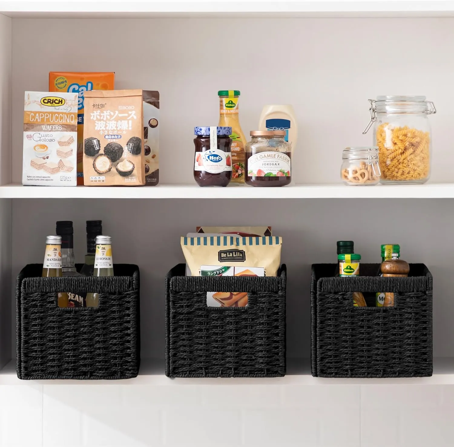 UBBCARE 3 Pack Wicker Basket,13.4L×8.3W×7.1H inch Woven Paper Rope Storage Baskets for shelves, Foldable Rectangular Storage Baskets with Handle, Storage Basket for Organizing, Black