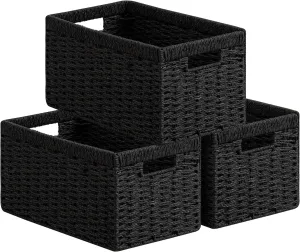 UBBCARE 3 Pack Wicker Basket,13.4L×8.3W×7.1H inch Woven Paper Rope Storage Baskets for shelves, Foldable Rectangular Storage Baskets with Handle, Storage Basket for Organizing, Black