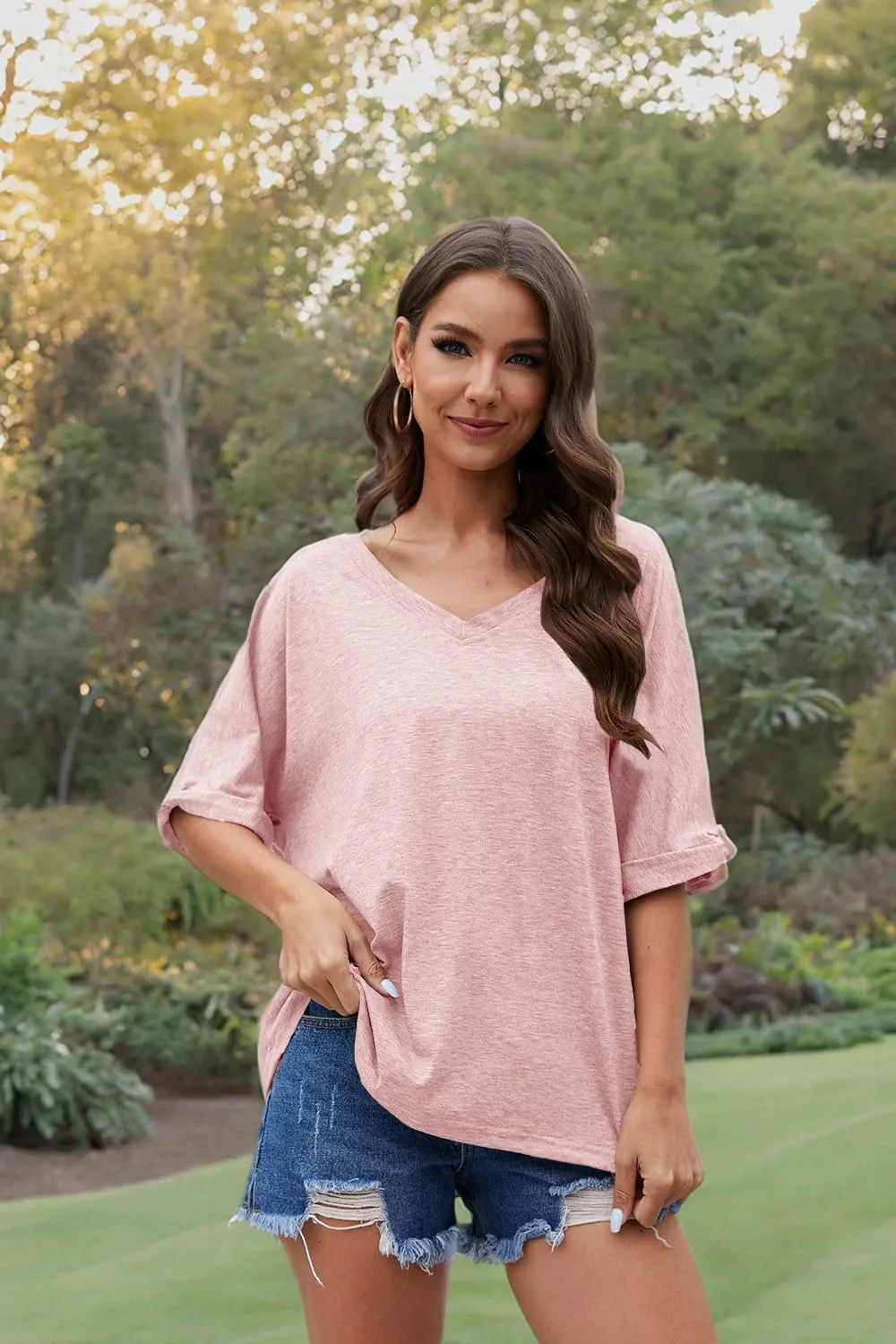 UNCLECAT Women's V Neck Oversized T-Shirts Summer Short Sleeve Shirts Loose Casual Tops Tee
