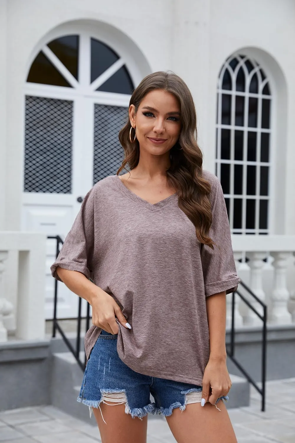 UNCLECAT Women's V Neck Oversized T-Shirts Summer Short Sleeve Shirts Loose Casual Tops Tee