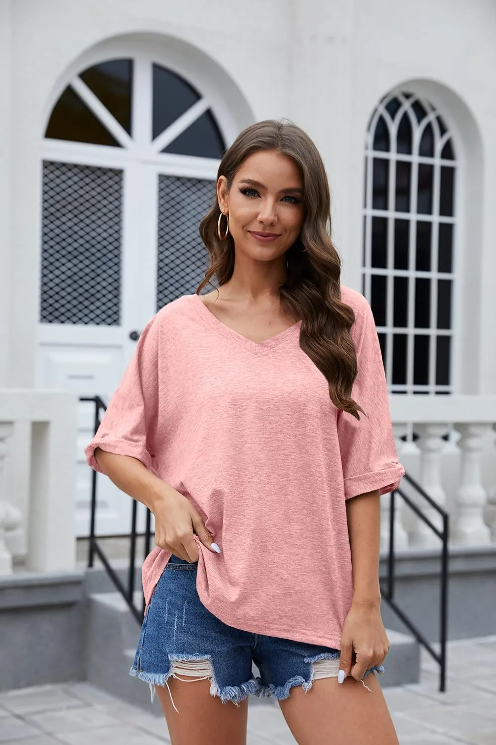 UNCLECAT Women's V Neck Oversized T-Shirts Summer Short Sleeve Shirts Loose Casual Tops Tee