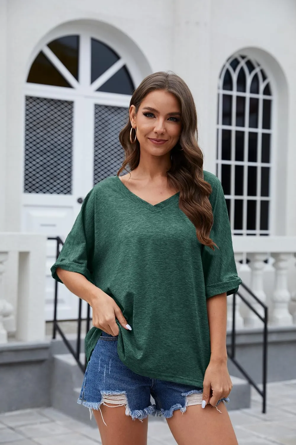 UNCLECAT Women's V Neck Oversized T-Shirts Summer Short Sleeve Shirts Loose Casual Tops Tee