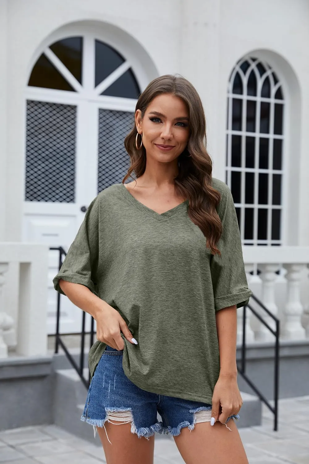 UNCLECAT Women's V Neck Oversized T-Shirts Summer Short Sleeve Shirts Loose Casual Tops Tee