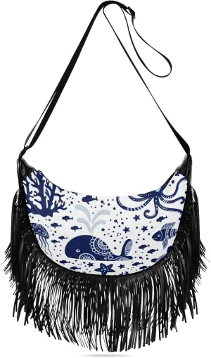 Underwater Animals Jellyfish Octopus Crossbody Bag for Women Fringe Shoulder Bag with Adjustable Strap