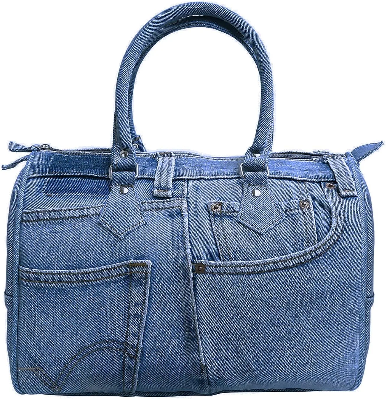 Upcycling Blue Denim Jeans Large Bowler Style Double Top Handle Convertible Shoulder Handbag Purse BNL100 (Medium Shade)