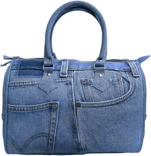 Upcycling Blue Denim Jeans Large Bowler Style Double Top Handle Convertible Shoulder Handbag Purse BNL100 (Medium Shade)