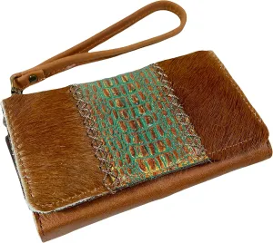 Urbalabs Cowhair Genuine Leather Women Western Wallets Clutch Bag Leather Fringe Purse Cell Phone Holder Pouch Tooled Wallet For Women Cowgirl Small Clutch Hand Stitched (Brown Tooled)