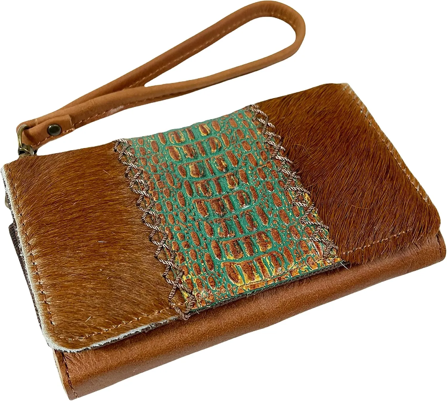 Urbalabs Cowhair Genuine Leather Women Western Wallets Clutch Bag Leather Fringe Purse Cell Phone Holder Pouch Tooled Wallet For Women Cowgirl Small Clutch Hand Stitched (Brown Tooled)