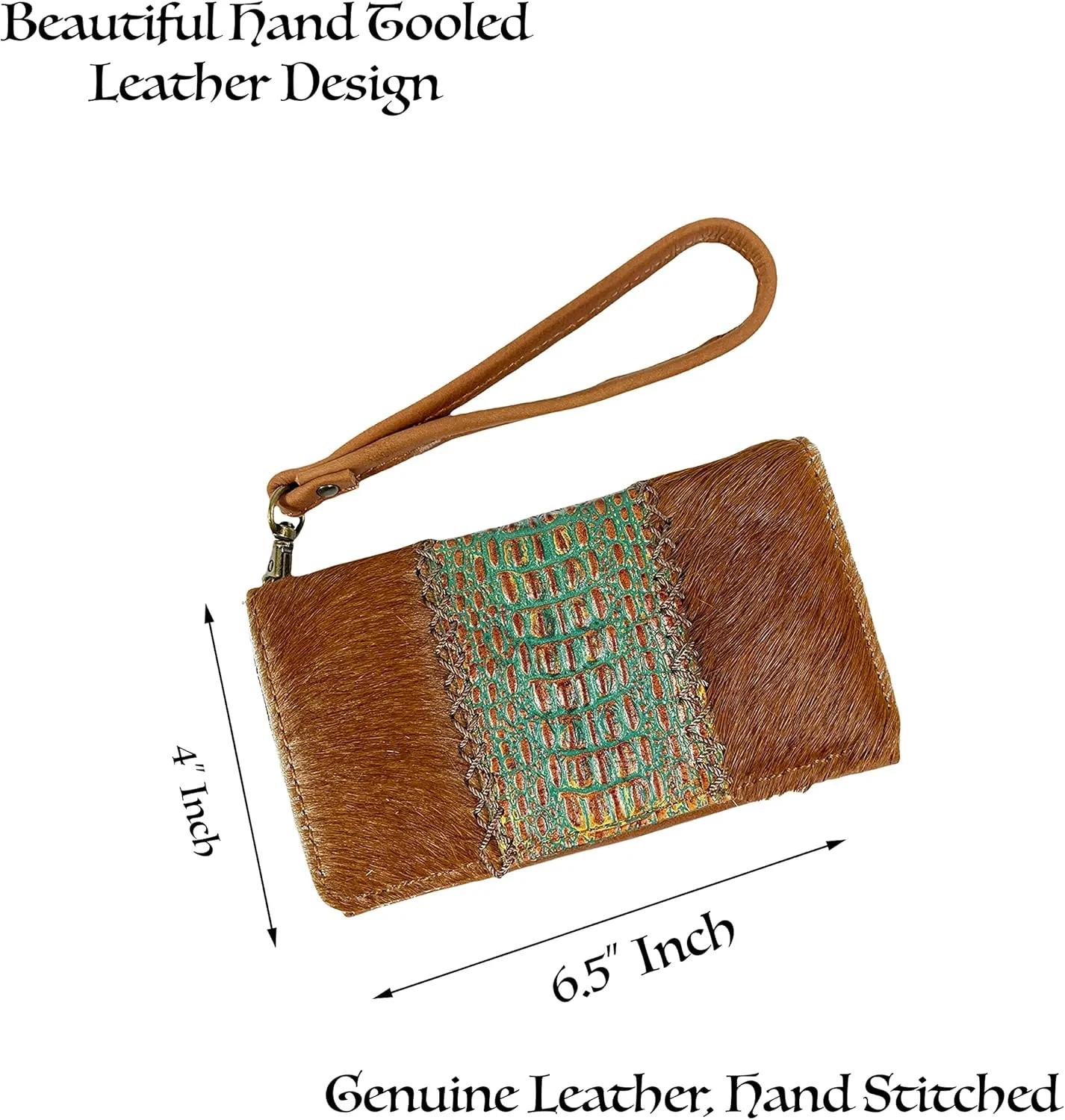 Urbalabs Cowhair Genuine Leather Women Western Wallets Clutch Bag Leather Fringe Purse Cell Phone Holder Pouch Tooled Wallet For Women Cowgirl Small Clutch Hand Stitched (Brown Tooled)