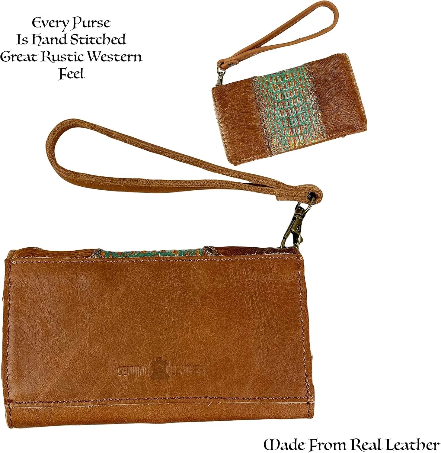 Urbalabs Cowhair Genuine Leather Women Western Wallets Clutch Bag Leather Fringe Purse Cell Phone Holder Pouch Tooled Wallet For Women Cowgirl Small Clutch Hand Stitched (Brown Tooled)