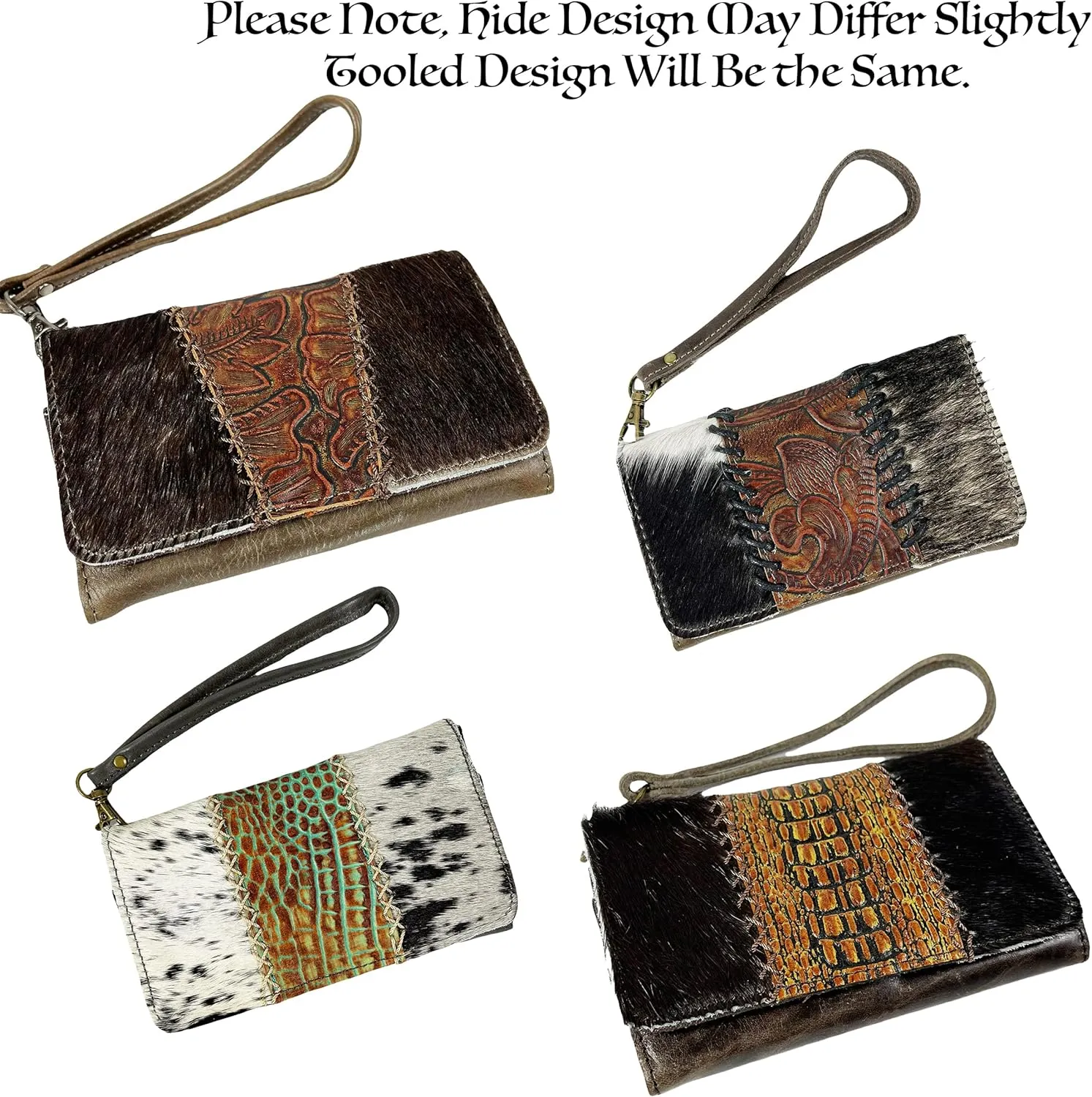 Urbalabs Cowhair Genuine Leather Women Western Wallets Clutch Bag Leather Fringe Purse Cell Phone Holder Pouch Tooled Wallet For Women Cowgirl Small Clutch Hand Stitched (Brown Tooled)