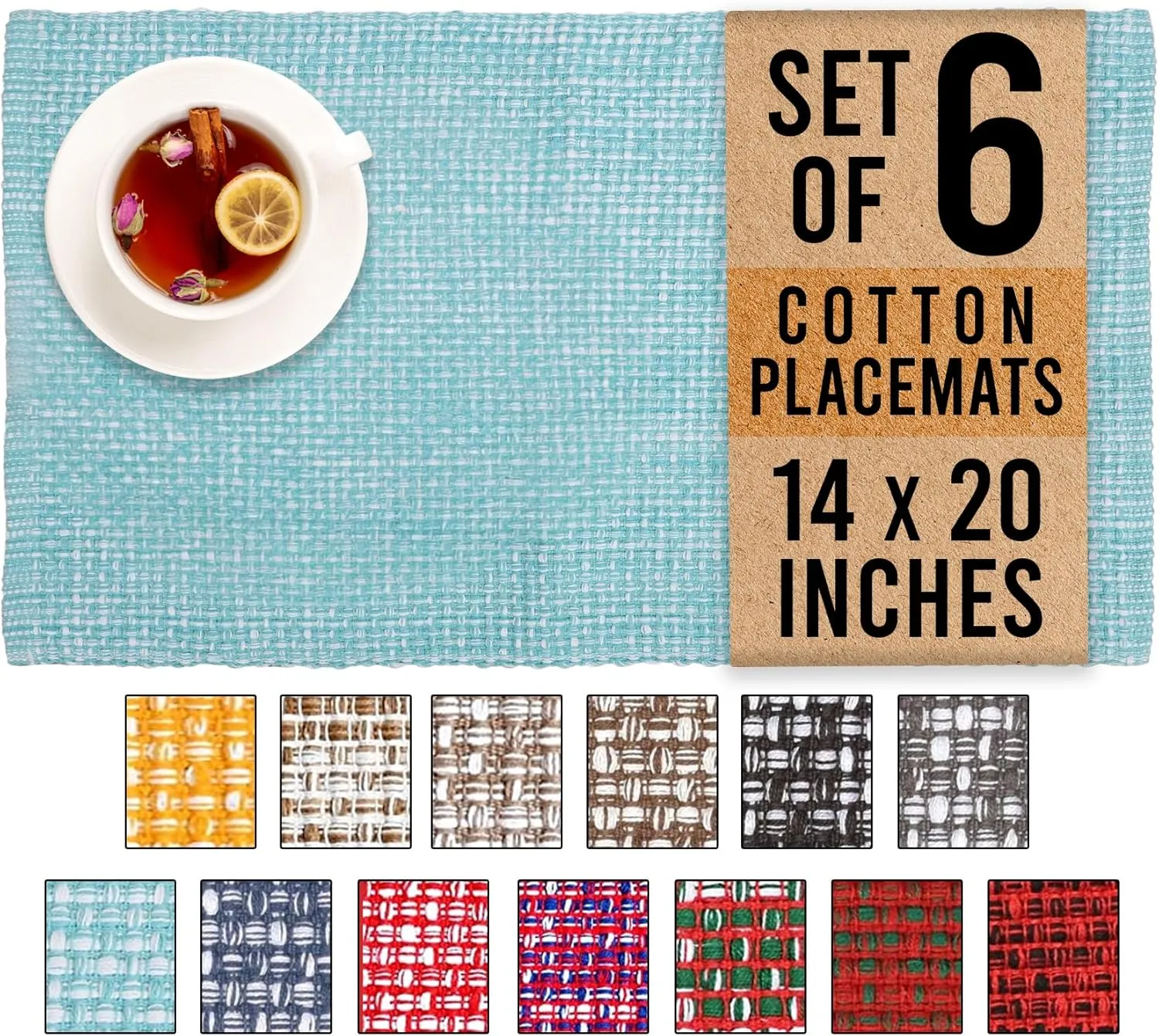 Urban Villa Placemats for Dining Table 100% CottonPlacemats 14''x20'' Over Sized Tablemats Set of 6 Placemats Aqua/White Two Tone Tablemats for Family Dinners Wedding Parties Everyday UsePlacemats