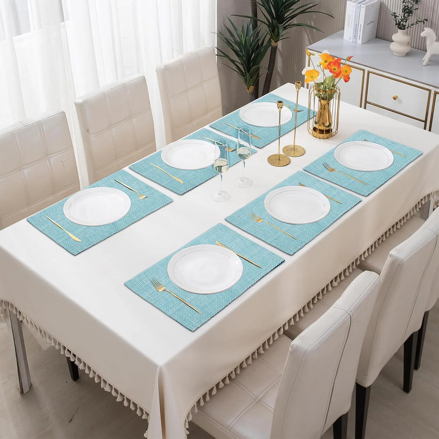 Urban Villa Placemats for Dining Table 100% CottonPlacemats 14''x20'' Over Sized Tablemats Set of 6 Placemats Aqua/White Two Tone Tablemats for Family Dinners Wedding Parties Everyday UsePlacemats