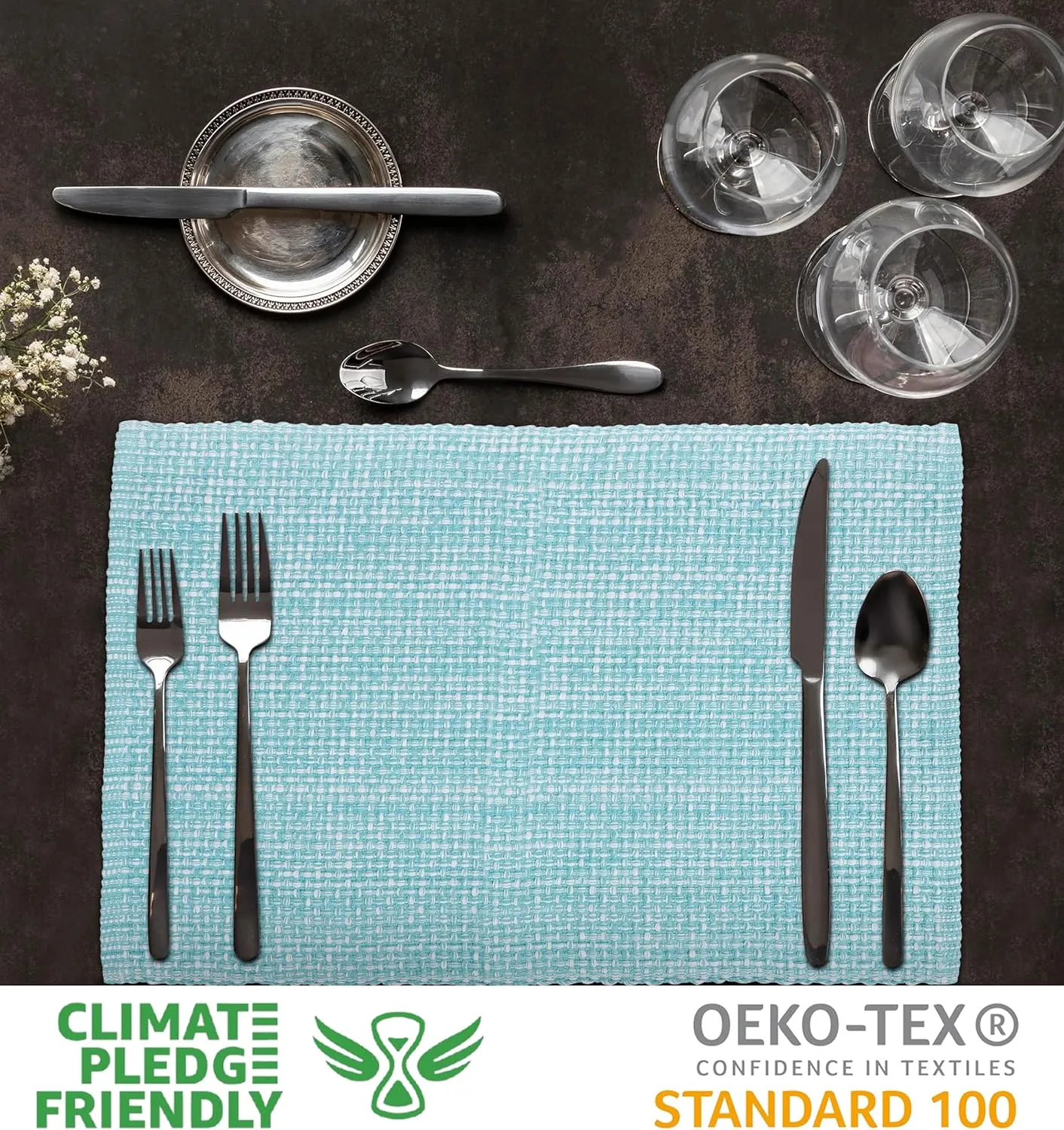 Urban Villa Placemats for Dining Table 100% CottonPlacemats 14''x20'' Over Sized Tablemats Set of 6 Placemats Aqua/White Two Tone Tablemats for Family Dinners Wedding Parties Everyday UsePlacemats